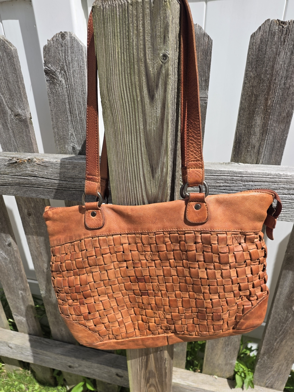 Woven Leather Tote Bag In Cognac